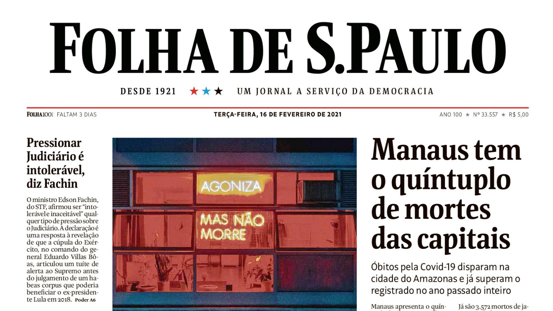 Capa da Folha de S.Paulo com reportagem sobre o projeto Samba Exaltação, de Felippe Moraes, publicada em fevereiro de 2021.