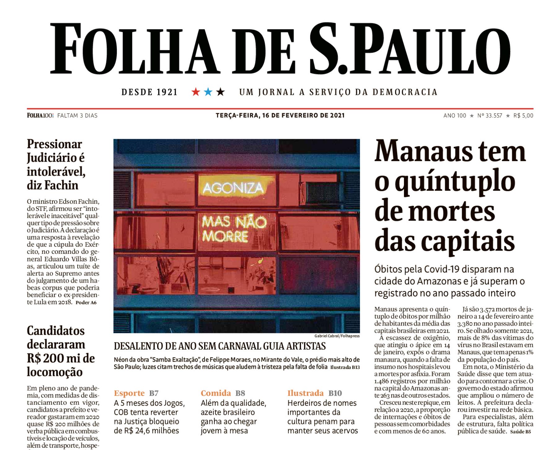 Capa da Folha de S.Paulo com reportagem sobre o projeto Samba Exaltação, de Felippe Moraes, publicada em fevereiro de 2021.