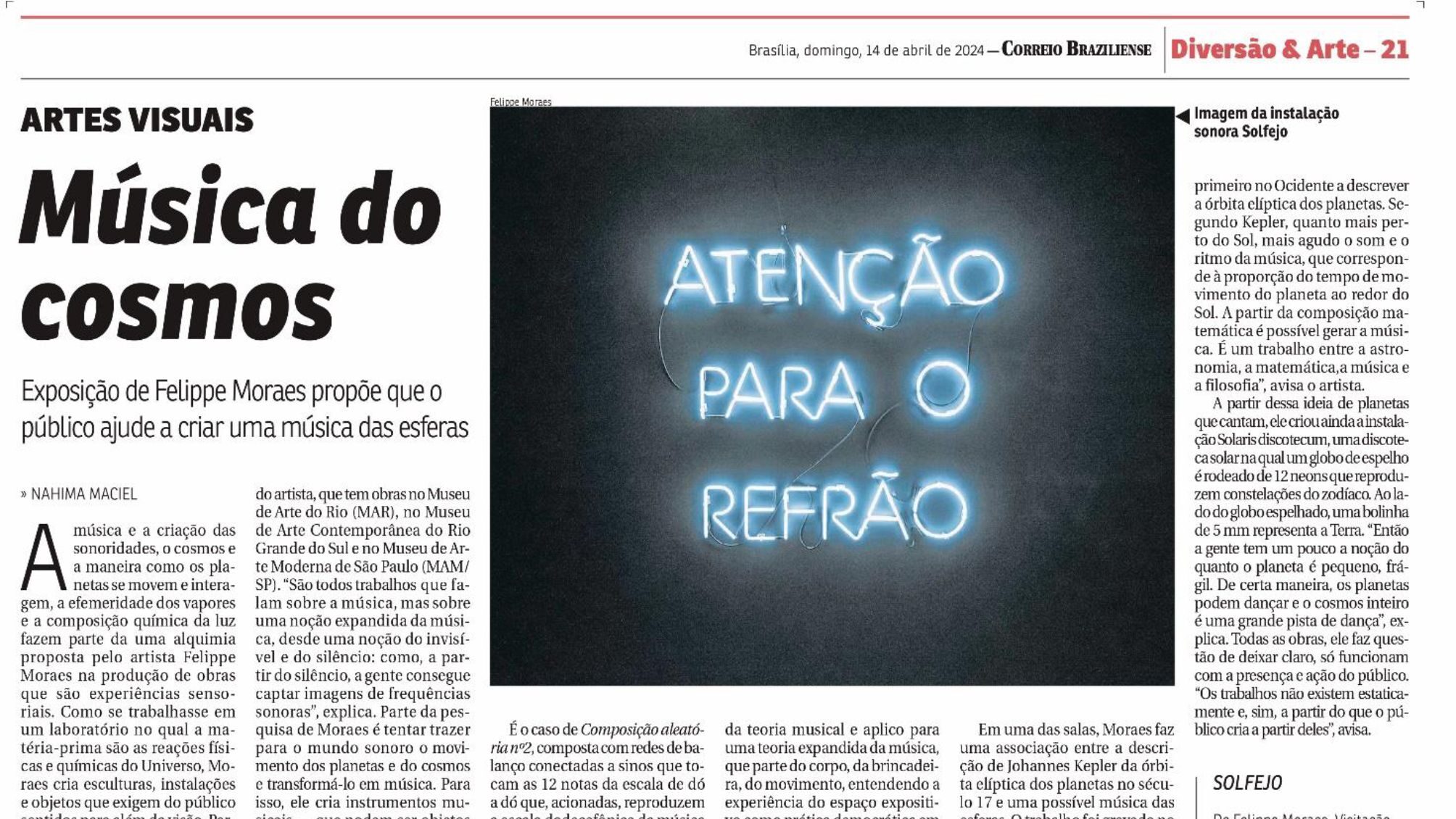Felippe Moraes no Correio Braziliense: reportagem sobre a exposição Solfejo na Caixa Cultural Brasília, com imagem da instalação sonora e obra em neon.