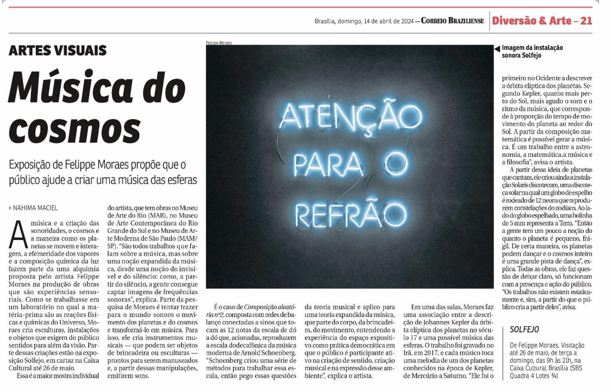 Felippe Moraes no Correio Braziliense: reportagem sobre a exposição Solfejo na Caixa Cultural Brasília, com imagem da instalação sonora e obra em neon.
