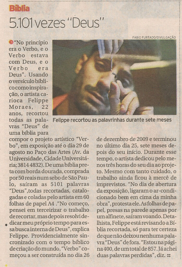 Matéria do Jornal da Tarde sobre a obra Verbo, de Felippe Moraes, publicada em 31 de julho de 2010