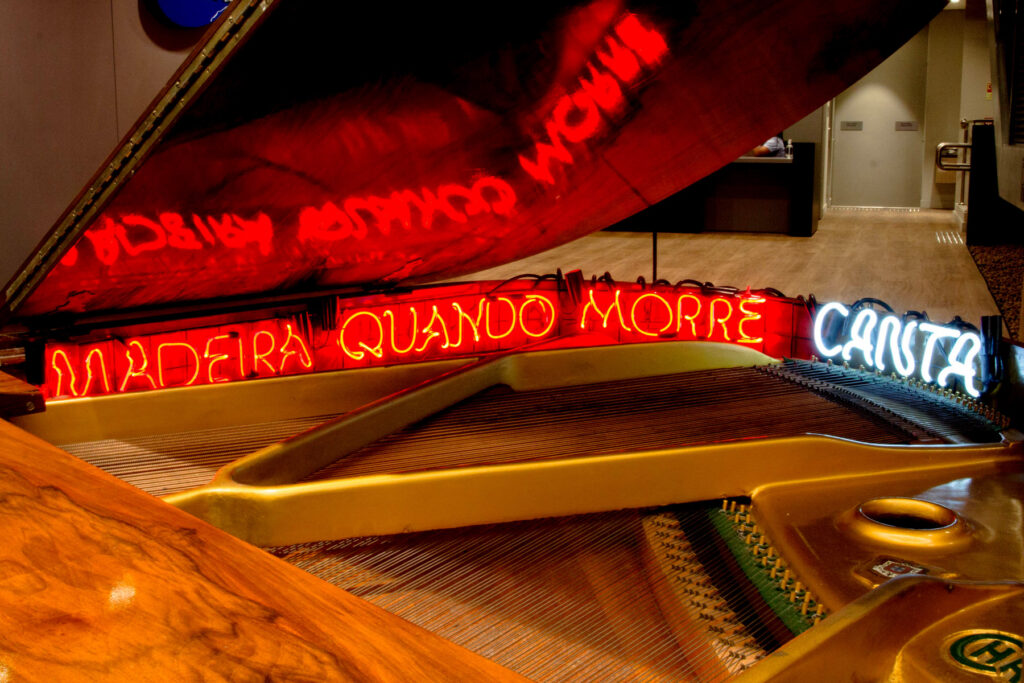 Néon dentro de piano formando frase Madeira quando morre canta na obra de Felippe Moraes.